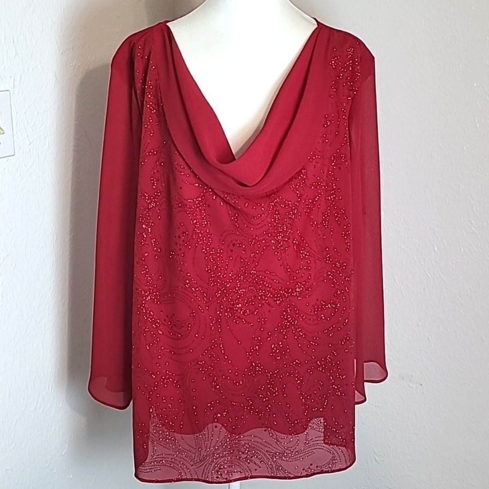 Another Thyme Red Glittery Blouse with Cowl Neckline,  Size 3X